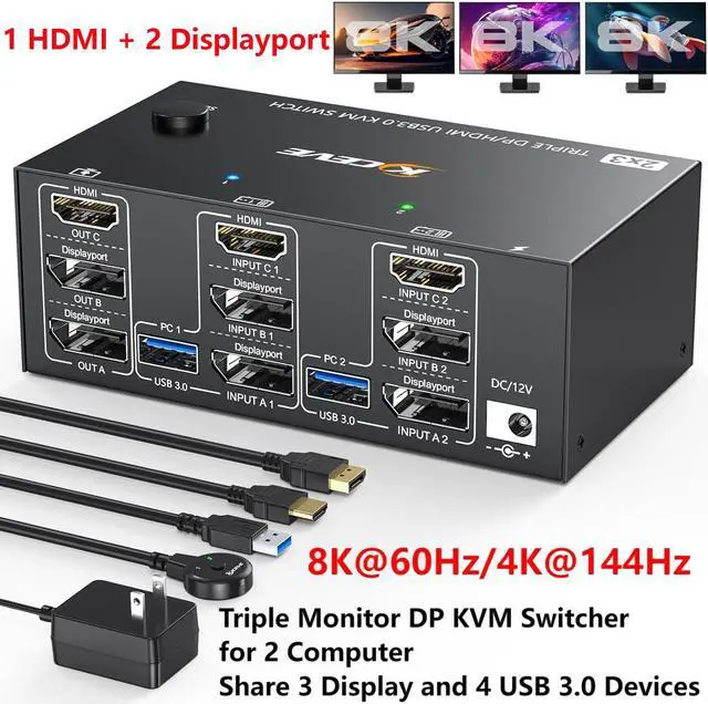Hitoor KVM Switch 3 Monitors 2 Computers 8K 60Hz 4K 144Hz 1 HDMI + 2 Displayport KVM Switcher for 2 Computers Share Triple Monitor and 4 USB 3.0 Devices Supports Extended and Duplicate Mode