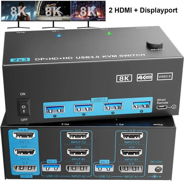 Hitoor KVM Switch 3 Monitors 2 Computers 8K 60Hz 4K 144Hz Triple Monitor KVM 2 HDMI + 1 Displayport KVM Switch with 4 USB 3.0 Ports 3 Monitor KVM Switches with Power Adapter and Wired Remote