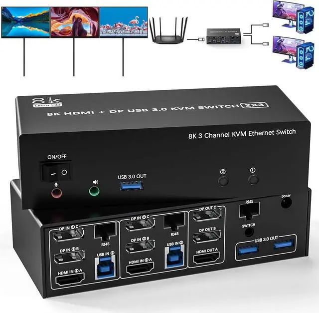 Hitoor KVM Switch 3 Monitors 2 Computers Share 1000Mbps Ethernet 8K 60Hz 2 Displayport + HDMI USB 3.0 KVM Switch Triple Monitor with 3 USB 3.0 Port and Audio & Microphone Support Extended & Copy Mode