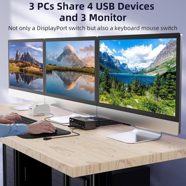 Hitoor KVM Switch 3 Monitors 3 Computers 8K 60Hz 4K 144Hz Triple Monitor HDMI + 2 DP KVM Switch For 3 PC Sharing 3 Monitors & 4 USB3.0 Devices With Power Adapter Wired Remote Control & 3 USB Cables