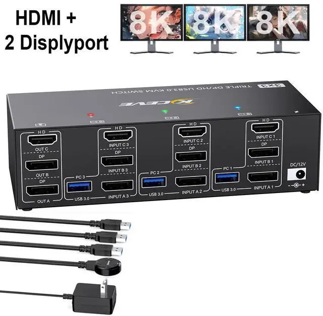 Hitoor KVM Switch 3 Monitors 3 Computers 8K 60Hz 4K 144Hz Triple Monitor HDMI + 2 DP KVM Switch for 3 PC Sharing 3 Monitors & 4 USB3.0 Devices With Power Adapter Wired Remote Control & 3 USB Cables