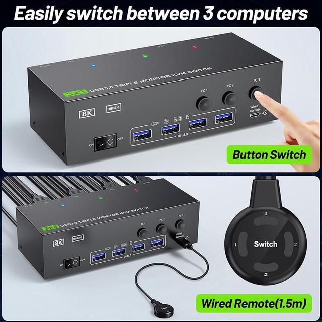 Hitoor KVM Switch 3 Monitors 3 Computers 8K 60Hz HDMI + 2* Displayport Triple Monitor KVM Switch 3x3 KVM Switch With 4 USB 3.0 Port For Keyboard Mouse Printer Wired Remote And Power Adapter Included