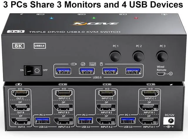 Hitoor KVM Switch 3 Monitors 3 Computers 8K 60Hz HDMI + 2* Displayport Triple Monitor KVM Switch 3 Monitor KVM with 4 USB 3.0 Ports for Keyboard Mouse Printer Wired Remote and Power Adapter Included