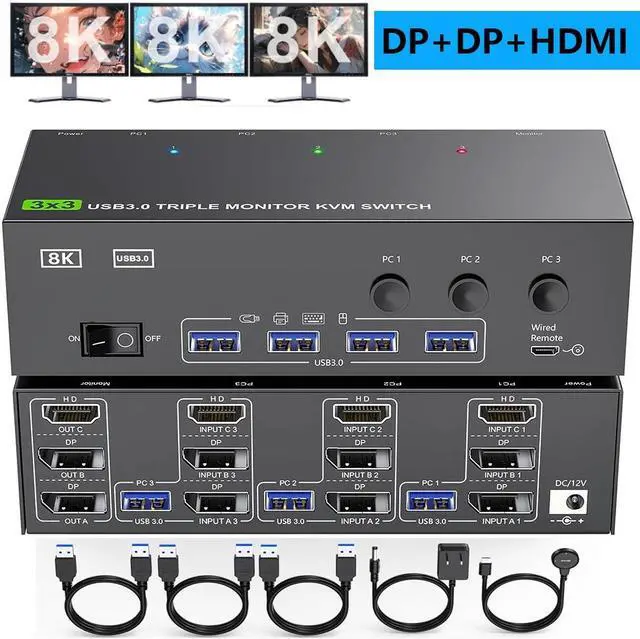 Hitoor KVM Switch 3 Monitors 3 Computers 8K 60Hz HDMI + 2* Displayport Triple Monitor KVM Switch 3x3 KVM Switch with 4 USB 3.0 Port for Keyboard Mouse Printer Wired Remote and Power Adapter Included