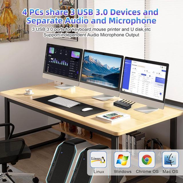 Hitoor KVM Switch 3 Monitors 4 Computers 8K 60Hz 4K 144Hz 2 HDMI + 1 DisplayPort KVM Switch Triple Monitor For 4 Computer With Audio And 3 USB 3.0 Ports KVM Triple Monitor Keyboard Mouse Switcher