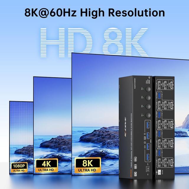 Hitoor KVM Switch 3 Monitors 4 Computers 8K 60Hz 4K 144Hz HDMI +2 Displayport Triple Monitor KVM Switch With 4 USB Port For Keyboard Mouse Support Extended/Copy Mode With Wired Remote & 4 USB Cable