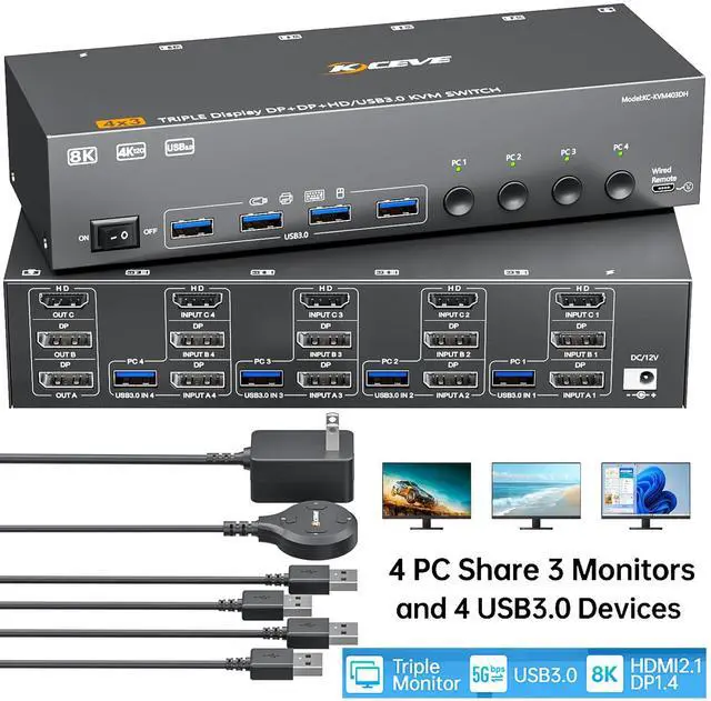 Hitoor KVM Switch 3 Monitors 4 Computers 8K 60Hz 4K 144Hz HDMI +2 Displayport Triple Monitor KVM Switch with 4 USB Port for Keyboard Mouse Support Extended/Copy Mode with Wired Remote & 4 USB Cable
