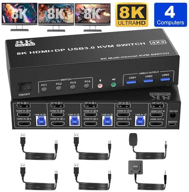 Hitoor KVM Switch 3 Monitors 4 Computers 8K 60Hz 4K 144Hz 2 HDMI + 1 DisplayPort KVM Switch Triple Monitor for 4 Computer with Audio and 3 USB 3.0 Ports KVM Triple Monitor Keyboard Mouse Switcher