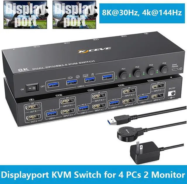 Hitoor KVM Switch 4 Computers 2 Monitors 8K 30Hz 4K 144Hz Dual Monitor DP KVM Switch 4 in 2 Out for 4 Computer Share 2 Monitors and 4 USB 3.0 Port Keyboard Mouse Wired Remote and USB Cables Included
