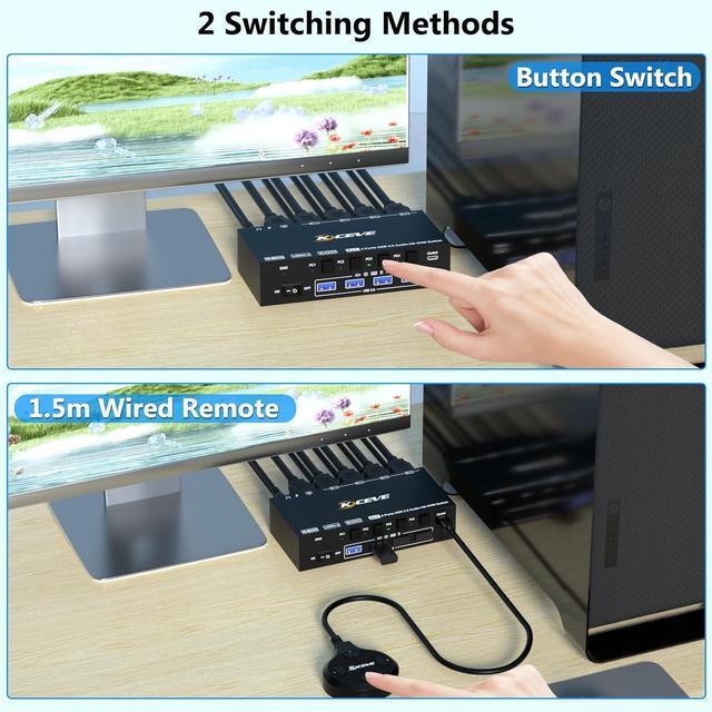 Hitoor KVM Switch 4 Computers 8K 60Hz 4K 144Hz Simulation EDID USB 3.0 HDMI KVM Switch For 4 Computers Share 1 Monitor And Keyboard Mouse And Headset With Wired Remote Power Adapter And USB3.0 Cable