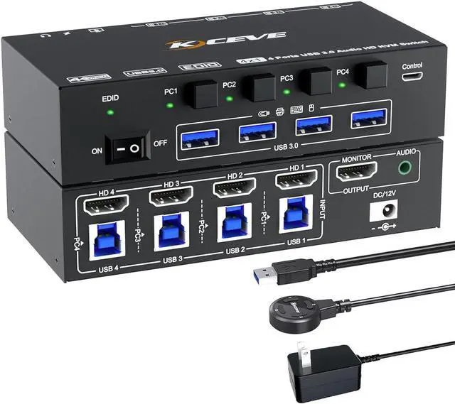 Hitoor KVM Switch 4 Computers 8K 60Hz 4K 144Hz Simulation EDID USB 3.0 HDMI KVM Switch for 4 Computers Share 1 Monitor and Keyboard Mouse and Headset with Wired Remote Power Adapter and USB3.0 Cable