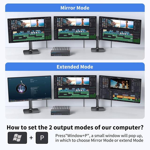 Hitoor KVM Switch 4 PC 3 Monitors 4K 144Hz 8K 60Hz HDMI 2.1+ 2 DisplayPort 1.4 Triple Monitor KVM Switch 4 Port For 4 Computers Share 3 Monitors & 4 USB Devices With Wired Remote And 4 USB 3.0 Cable