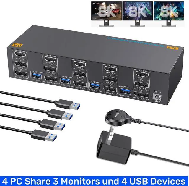 Hitoor KVM Switch 4 PC 3 Monitors 4K 144Hz 8K 60Hz HDMI 2.1+ 2 DisplayPort 1.4 Triple Monitor KVM Switch 4 Port for 4 Computers Share 3 Monitors & 4 USB Devices with Wired Remote and 4 USB 3.0 Cable