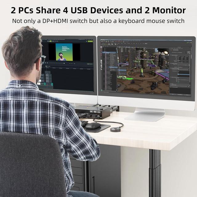 Hitoor KVM Switch For 2 PC 2 Monitors 8K 60Hz 4K 120Hz DisplayPort + HDMI Dual Monitor KVM Switch For 2 PC Share 2 Monitors And 4 USB 3.0 Devices Wired Remote Control 12V Power Supply & USB Cables