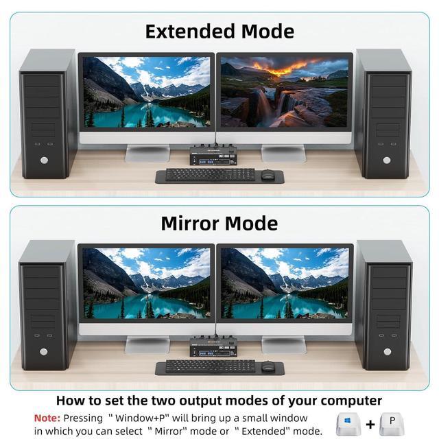 Hitoor KVM Switch For 2 PC 2 Monitors 8K 60Hz 4K 120Hz DisplayPort + HDMI Dual Monitor KVM Switch For 2 PC Share 2 Monitors And 4 USB 3.0 Devices Wired Remote Control 12V Power Supply & USB Cables