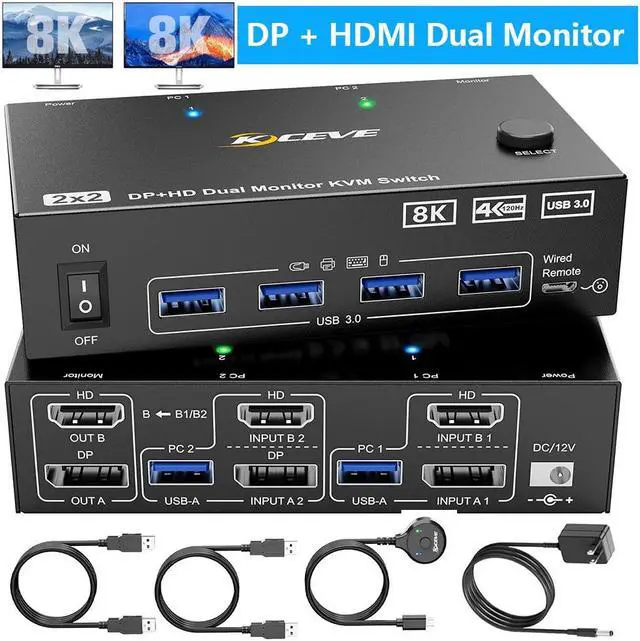 Hitoor KVM Switch for 2 PC 2 Monitors 8K 60Hz 4K 120Hz DisplayPort + HDMI Dual Monitor KVM Switch for 2 PC Share 2 Monitors and 4 USB 3.0 Devices Wired Remote Control 12V Power Supply & USB Cables