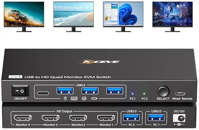 Hitoor Quad Monitor KVM Switch 4 Monitors 2 Computers 1080P 60Hz USB3.0 KVM Switch Quad Monitor for 2 PC Share 4 Monitors&4 USB Devices with Wired Remote&2 USB Cables Driver Installation is Required