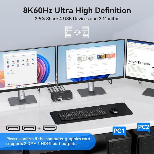 Hitoor [Triple Monitor] HDMI+2 Displayport KVM Switch For 2 Computers 3 Monitors 8K 60Hz 4K 120Hz USB 3.0 HDMI + 2 DP KVM Swticher 2 PCs Share 3 Monitors For PS4 USB Output For Keyboard Mouse Printer