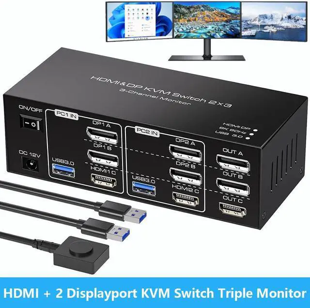 Hitoor [Triple Monitor] HDMI+2 Displayport KVM Switch for 2 Computers 3 Monitors 8K 60Hz 4K 120Hz USB 3.0 HDMI + 2 DP KVM Swticher 2 PCs Share 3 Monitors for PS4 USB Output for Keyboard Mouse Printer