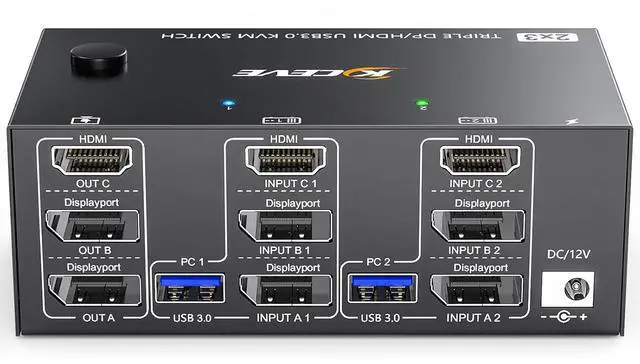 Hitoor Triple Monitor KVM Switch 3 Monitors 2 Computers 8K 60Hz 4K 144Hz HDMI + 2 Displayport KVM Switch Triple Monitor for 2 Computer Share 3 Monitors and 4 USB3.0 Device with Wired Remote USB Cable