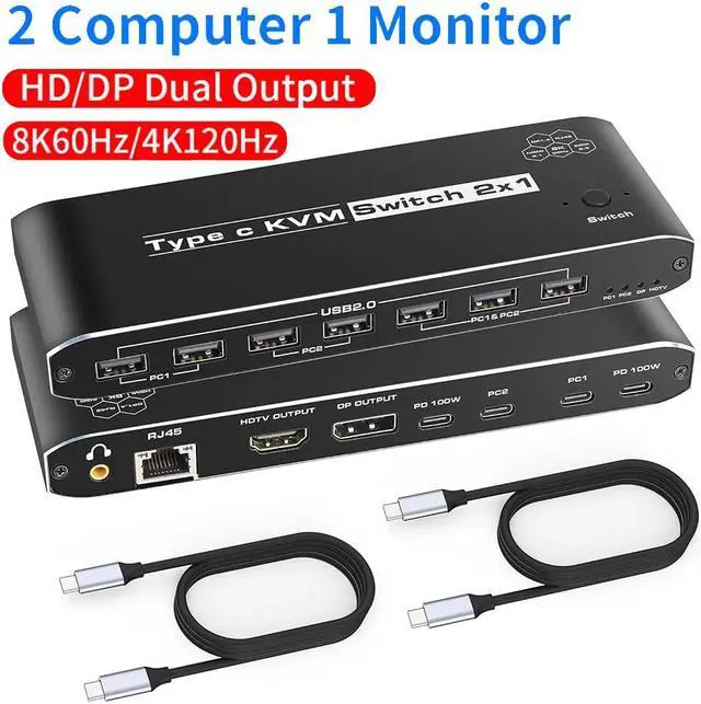 Hitoor Type-C KVM Switch for 2 Laptops Share 1 Monitor KVM Switch Docking Station with 7 USB-A Ports 2 USB-C Charging 100W RJ45 Port Thunderbolt KVM Supports 4K 60Hz with HDMI and DP for Laptops