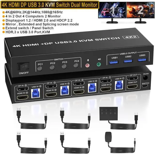 Hitoor USB 3.0 Displayport + HDMI KVM Switch 2 Monitors 4 Computers 4K 60Hz Dual Monitor KVM Switch 4 PC with Audio Microphone and 3 USB 3.0 Ports 4 Port HDMI + DP Monitor Switch for 4 PC 2 Monitors
