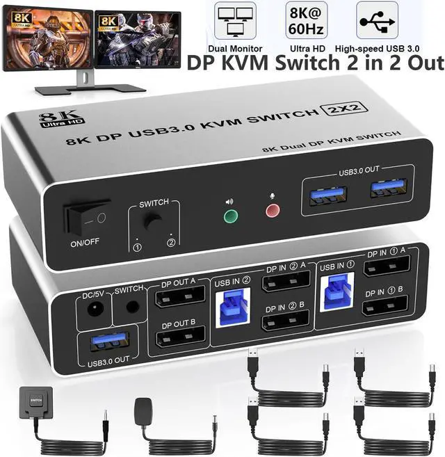 Hitoor USB 3.0 DisplayPort KVM Switch 2 Monitors 2 Computers Dual Monitor 8K 60Hz DP KVM Switch 2 in 2 Out with Audio Microphone Output and 3 USB 3.0 Ports 2 PC 2 Monitors Keyboard Mouse Switcher
