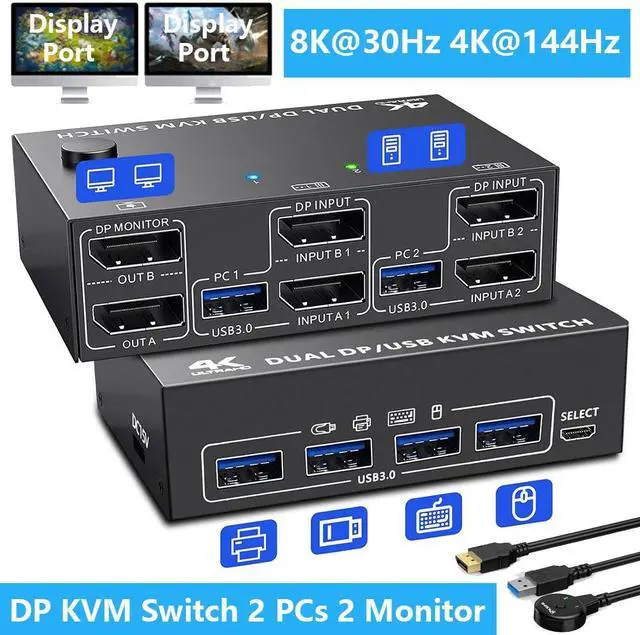 Hitoor USB 3.0 Displayport KVM Switch 2 PC 2 Monitors KVM Switch 8K 30Hz 4K 144Hz Dual Monitor KVM Switch Displayport 1.4 for 2 PC Share Wireless Keyboard Mouse Printer with 2 USB 3.0 and DP Cables