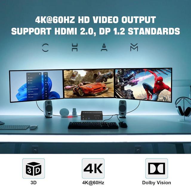 Hitoor USB 3.0 HDMI + 2 DisplayPort KVM Switch 3 Monitors 2 Computers 4K 60Hz Triple Monitor KVM Switch For 2 Computers 3 Monitors With 3 USB 3.0 Ports And Audio Microphone Keyboard Mouse Switcher