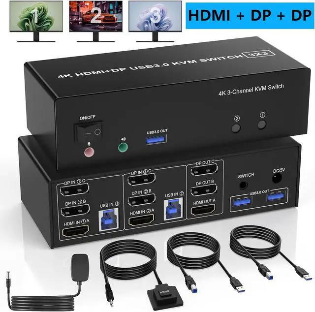 Hitoor USB 3.0 HDMI + 2 DisplayPort KVM Switch 3 Monitors 2 Computers 4K 60Hz Triple Monitor KVM Switch for 2 Computers 3 Monitors with 3 USB 3.0 Ports and Audio Microphone Keyboard Mouse Switcher