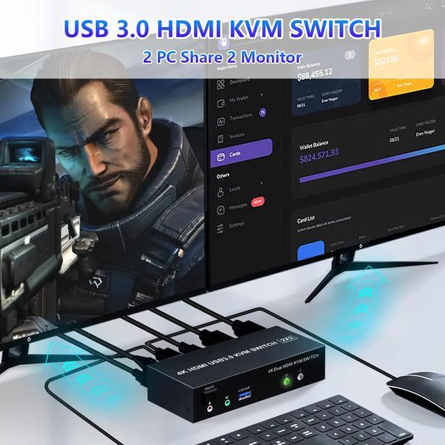 Hitoor USB 3.0 HDMI Dual Monitor KVM Switch 2 Port 4K 60Hz HDMI KVM Switch For 2 Computers Share 2 Monitors And 3 USB 3.0 Ports Audio Microphone Output Wired Remote And 2 USB 3.0 Cables Included