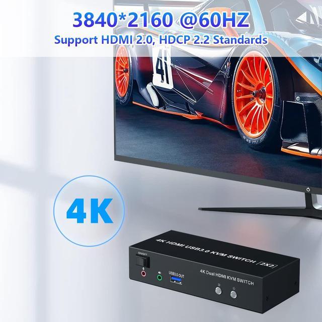 Hitoor USB 3.0 HDMI Dual Monitor KVM Switch 2 Port 4K 60Hz HDMI KVM Switch For 2 Computers Share 2 Monitors And 3 USB 3.0 Ports Audio Microphone Output Wired Remote And 2 USB 3.0 Cables Included