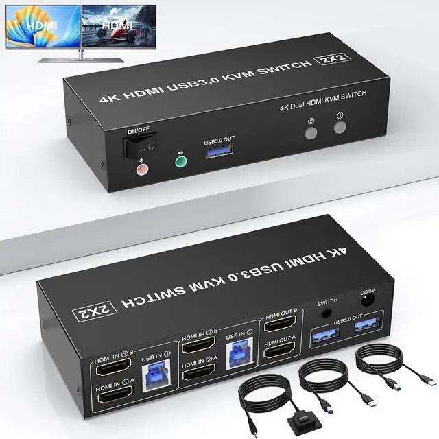 Hitoor USB 3.0 HDMI Dual Monitor KVM Switch 2 Port 4K 60Hz HDMI KVM Switch for 2 Computers Share 2 Monitors and 3 USB 3.0 Ports Audio Microphone Output Wired Remote and 2 USB 3.0 Cables Included