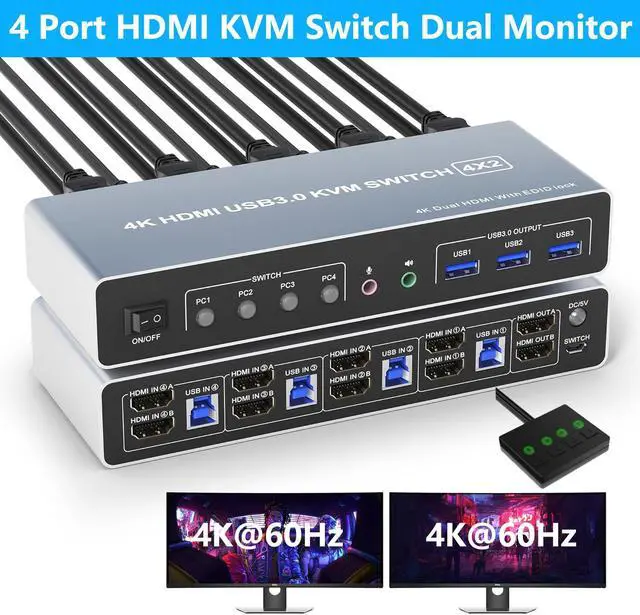 Hitoor USB 3.0 HDMI KVM Switch 4 Computers 2 Monitors 4K 60Hz 4 Ports HDMI Dual Monitors KVM Switch Supports EDID with Audio Microphone Output and 3 USB 3.0 Ports 4 in 2 Out HDMI KVM Switches