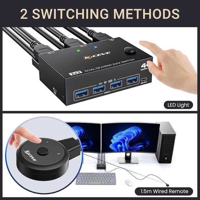 Hitoor USB 3.0 KVM Switch 2 Monitors 2 Computers Dual Monitor HDMI + Displayport KVM Switch Dual Monitor KVM Switch With 4 USB 3.0 Ports For 2 PCs Share Mouse And Keyboard With HDMI+DP+USB Cable