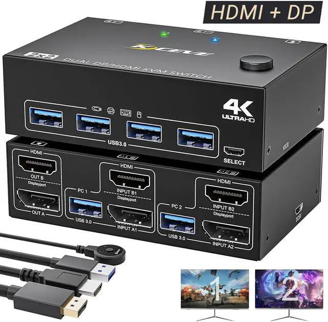Hitoor USB 3.0 KVM Switch 2 Monitors 2 Computers Dual Monitor HDMI + Displayport KVM Switch Dual Monitor KVM Switch with 4 USB 3.0 ports for 2 PCs Share Mouse and Keyboard with HDMI+DP+USB Cable