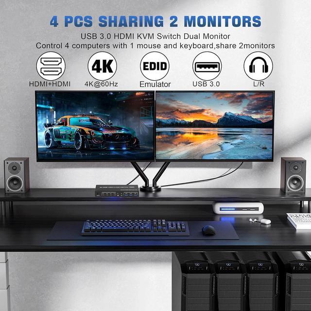 Hitoor USB 3.0 KVM Switch HDMI Dual Monitors 4 Computers 4K 60Hz HDMI Dual Monitor Switch For 4 PCs With Audio Output And 3 USB 3.0 Ports 4 Port HDMI KVM Switch 4 PC 2 Monitors With EDID Emulators