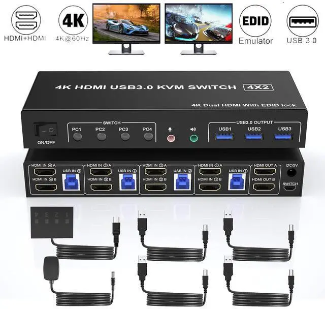 Hitoor USB 3.0 KVM Switch HDMI Dual Monitors 4 Computers 4K 60Hz HDMI Dual Monitor Switch for 4 PCs with Audio Output and 3 USB 3.0 Ports 4 Port HDMI KVM Switch 4 PC 2 Monitors with EDID Emulators
