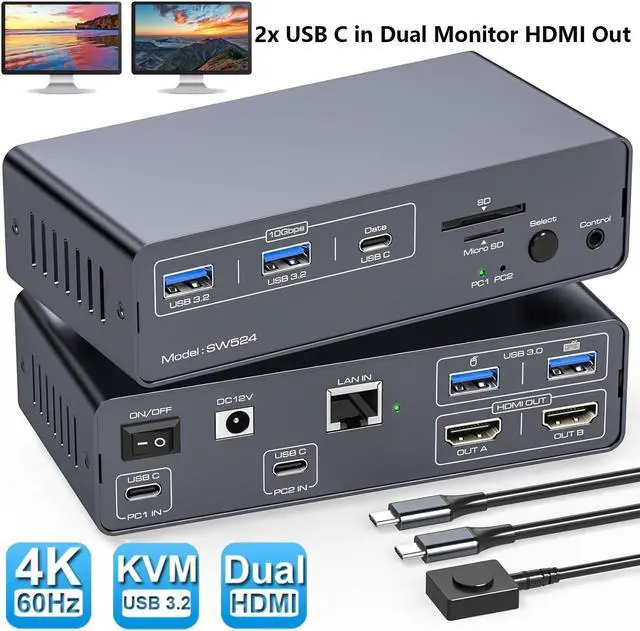 Hitoor USB C Docking Station with KVM Switch 2 Monitors 2 Computers 4K 60Hz HDMI EDID KVM Switches Dual Monitor for 2 Mac or Laptops Share a 1G Ethernet 5 USB A/C Devices and SD/micro SD Card Slots