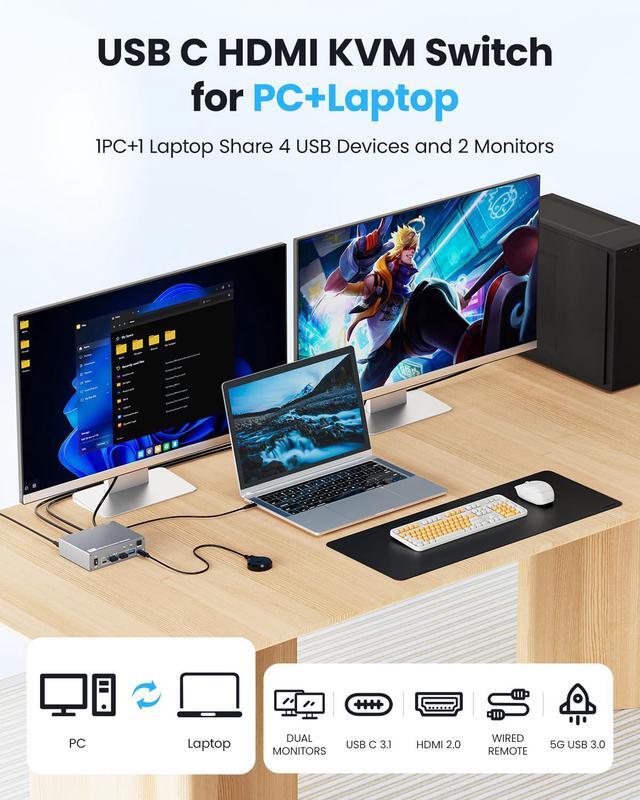 Hitoor USB C HDMI KVM Switch 2 Monitors 2 Computers 4 USB 3.0 Ports 4K 60Hz KVM Switches For 1 Laptop & 1 Desktop Sharing 2 Monitors Keyboard Mouse Printer 80W PD Charging Remote & USB-C Cables