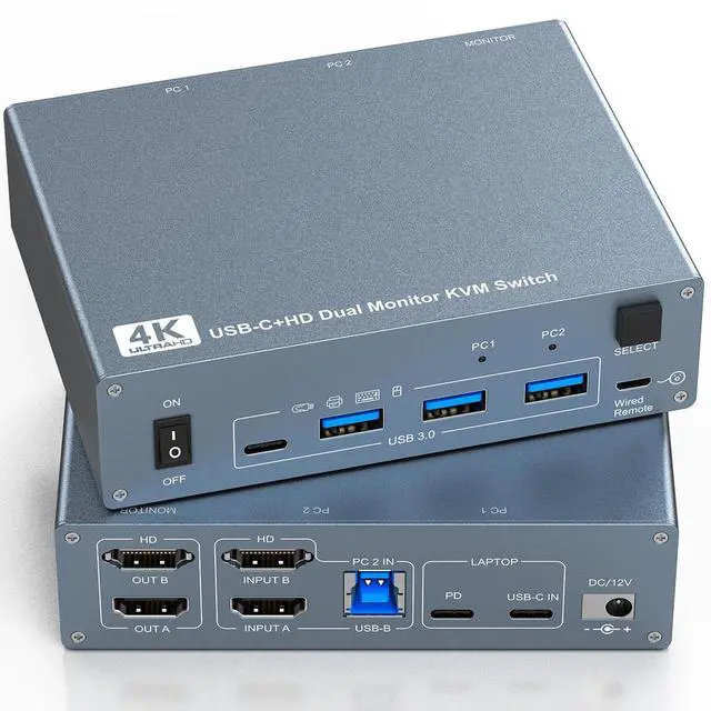 Hitoor USB C HDMI KVM Switch 2 Monitors 2 Computers 4 USB 3.0 Ports 4K 60Hz KVM Switches for 1 Laptop & 1 Desktop Sharing 2 Monitors Keyboard Mouse Printer 80W PD Charging Remote & USB-C Cables