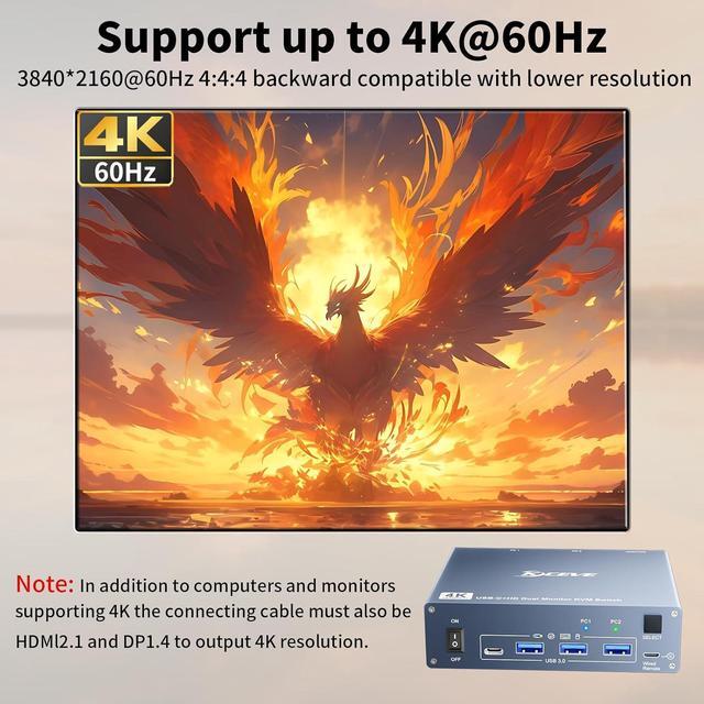 Hitoor USB C HDMI KVM Switch 2 PC 2 Monitors Dual Monitors KVM Switch For Laptop & PC USB 3.0 MST Dual 4K 60Hz Type-C 60W Charging For Laptop HDMI KVM Switch USB C With Cable Remote Control