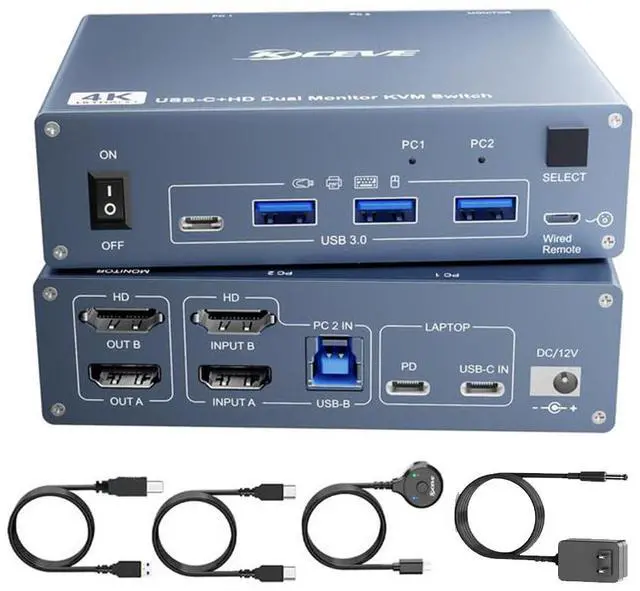 Hitoor USB C HDMI KVM Switch 2 PC 2 Monitors Dual Monitors KVM Switch for Laptop & PC USB 3.0 MST Dual 4K 60Hz Type-C 60W Charging for Laptop HDMI KVM Switch USB C with Cable Remote Control