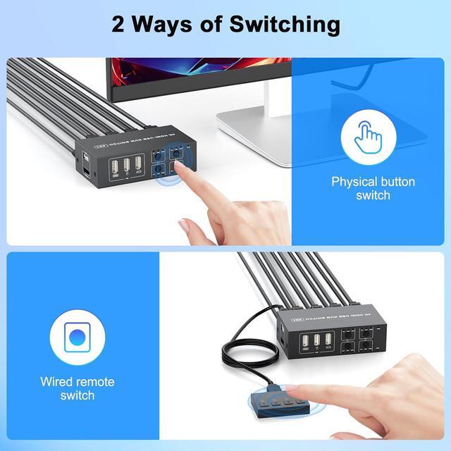 Hitoor USB HDMI KVM Switch 4K 60Hz For 4 Computers Share 1 Monitor 4 In 1 Out HDMI KVM Switch 4 Port With 4 USB 2.0 Ports Share Keyboard Mouse With EDID Adaptive Support Button Switch Plug And Play