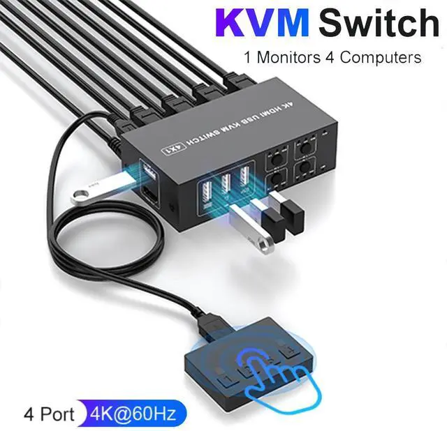 Hitoor USB HDMI KVM Switch 4K 60Hz for 4 Computers Share 1 Monitor 4 in 1 Out HDMI KVM Switch 4 Port with 4 USB 2.0 Ports Share Keyboard Mouse with EDID Adaptive Support Button Switch Plug and Play