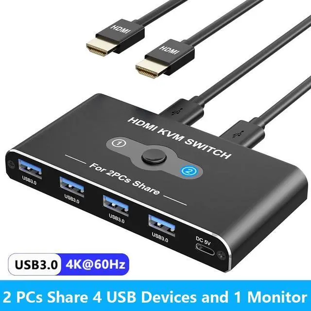 Hitoor USB HDMI KVM Switch with 4K 60Hz 2 Port HDMI KVM Switches With 4 USB 3.0 Data Ports KVM Switch 2 PC 1 Monitor Share Mouse Keyboard Printer Include 2 HDMI cables 2 USB cable 1 USB-C Cable
