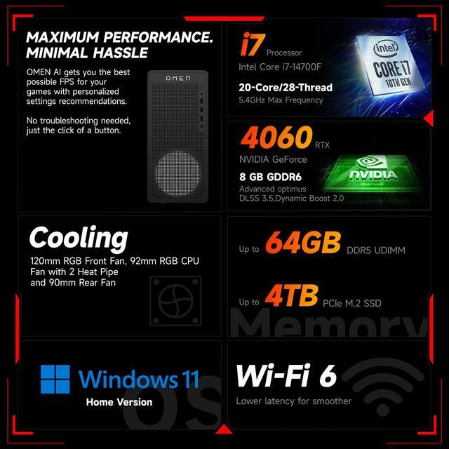 HP OMEN 16L I7 Gaming Tower Desktop Intel Core I7-14700F NVIDIA GeForce RTX 4060 16GB DDR5 RAM 1TB SSD DP RJ-45 Wi-Fi 6 Windows 11 Home Black