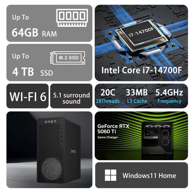 HP OMEN 16L I7 RTX 5060 Ti Gaming Desktop Intel Core I7-14700F NVIDIA GeForce RTX 5060 Ti 16GB DDR5 RAM 1TB SSD DP RJ-45 Wi-Fi 6 Windows 11 Home Black