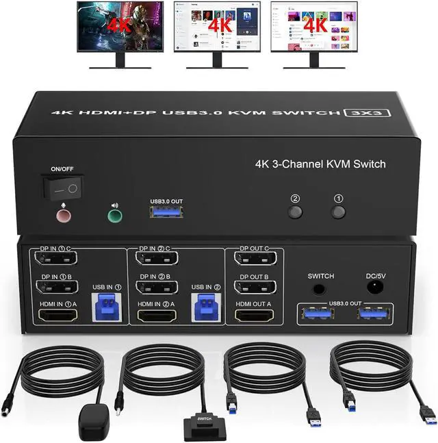 IHDAPP 1 HDMI + 2 Displayport 3 Monitor KVM Switch USB 3.0 for 2 Computers 4K 60Hz Triple Monitor KVM Switch with Audio and 3 USB 3.0 Ports 2 Computers Share 3 Monitors Keyboard Mouse Switcher