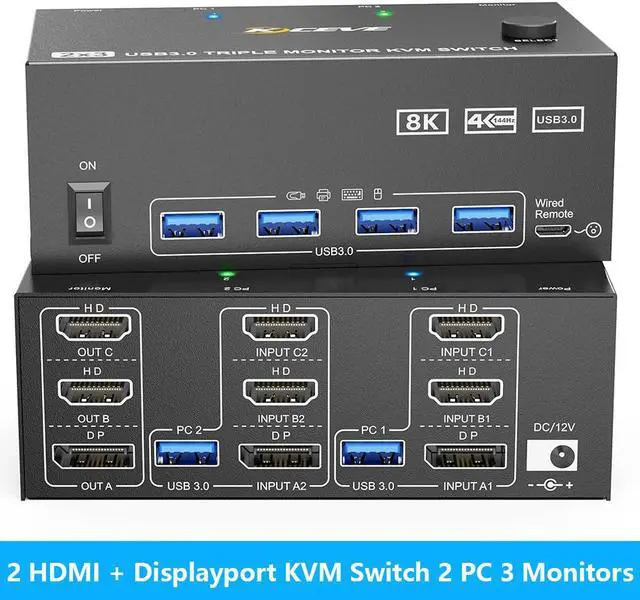 IHDAPP 2 HDMI + Displayport KVM Switch 3 Monitors 2 Computers 8K 60Hz 4K 144Hz Triple Monitors KVM Switch for 2 PC Sharing 3 Monitors with 4 USB 3.0 Port for Keyboard Mouse Printer with Wired Remote